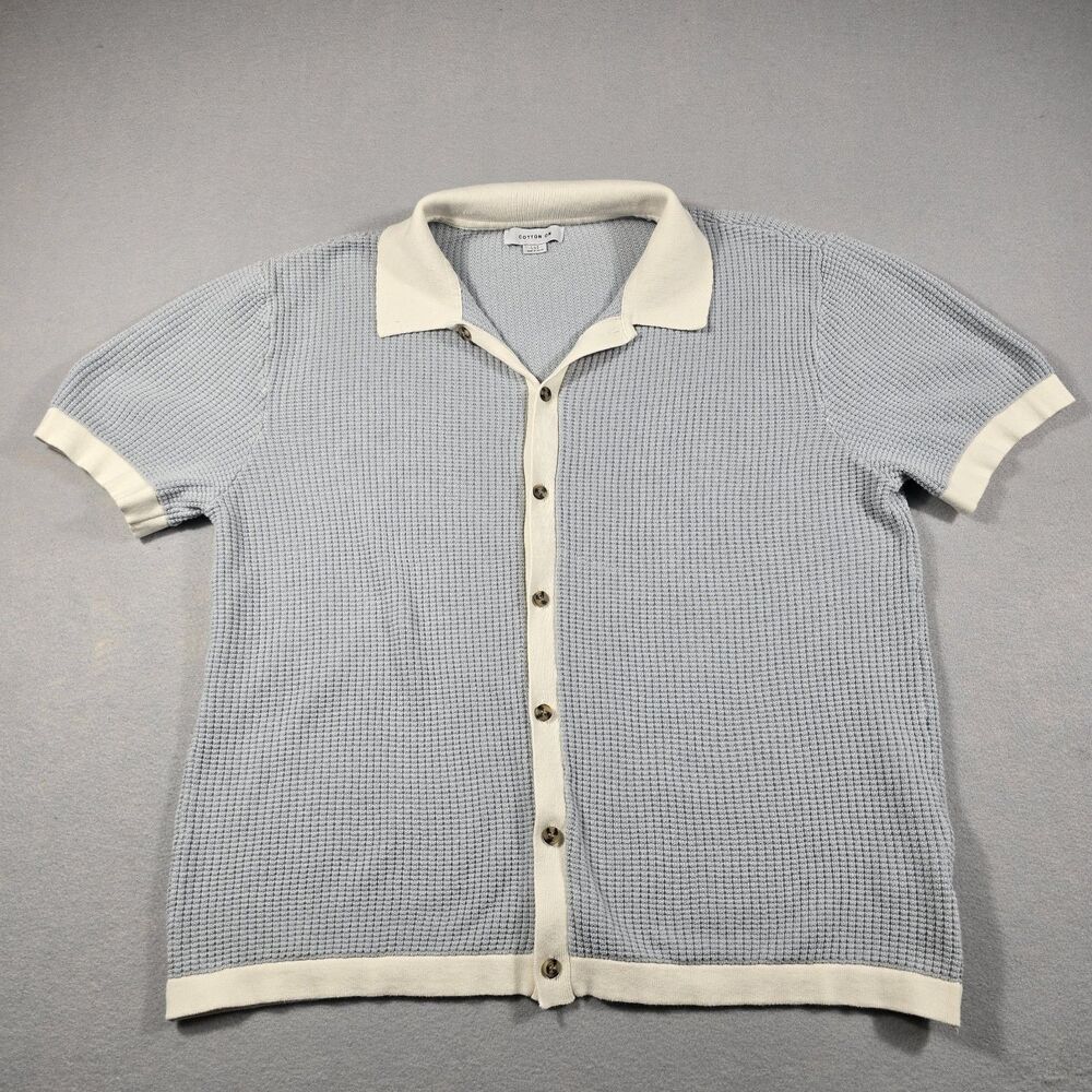 Cotton On Knit Shirt Mens Large Blue Cream Waffle Button Up Short Sleeve Retro